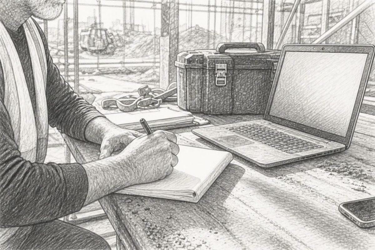 Sketch of contractor's hands with notes at site desk