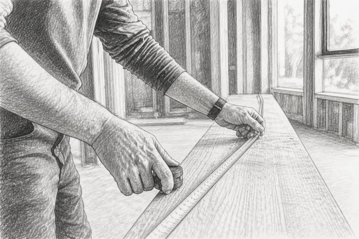 Sketch of hands measuring wood framing beam on construction site