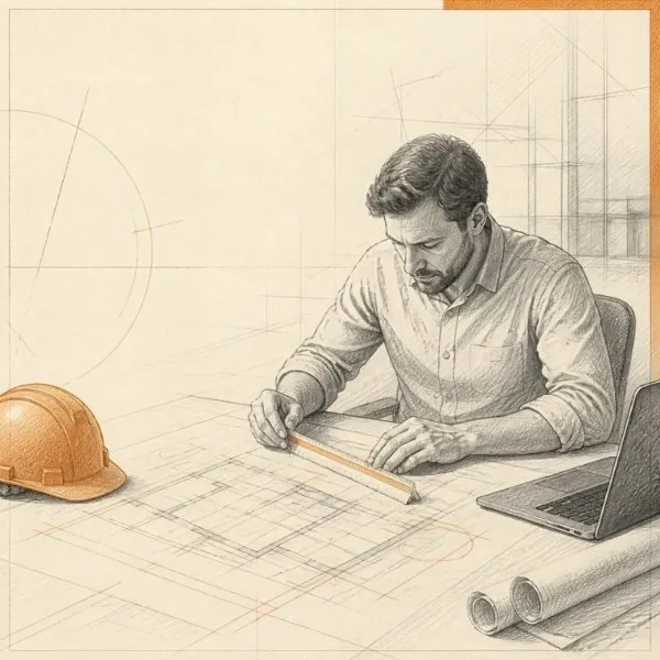Pencil sketch of an estimator measuring quantities on construction floor plans at a drafting table with a laptop and hard hat