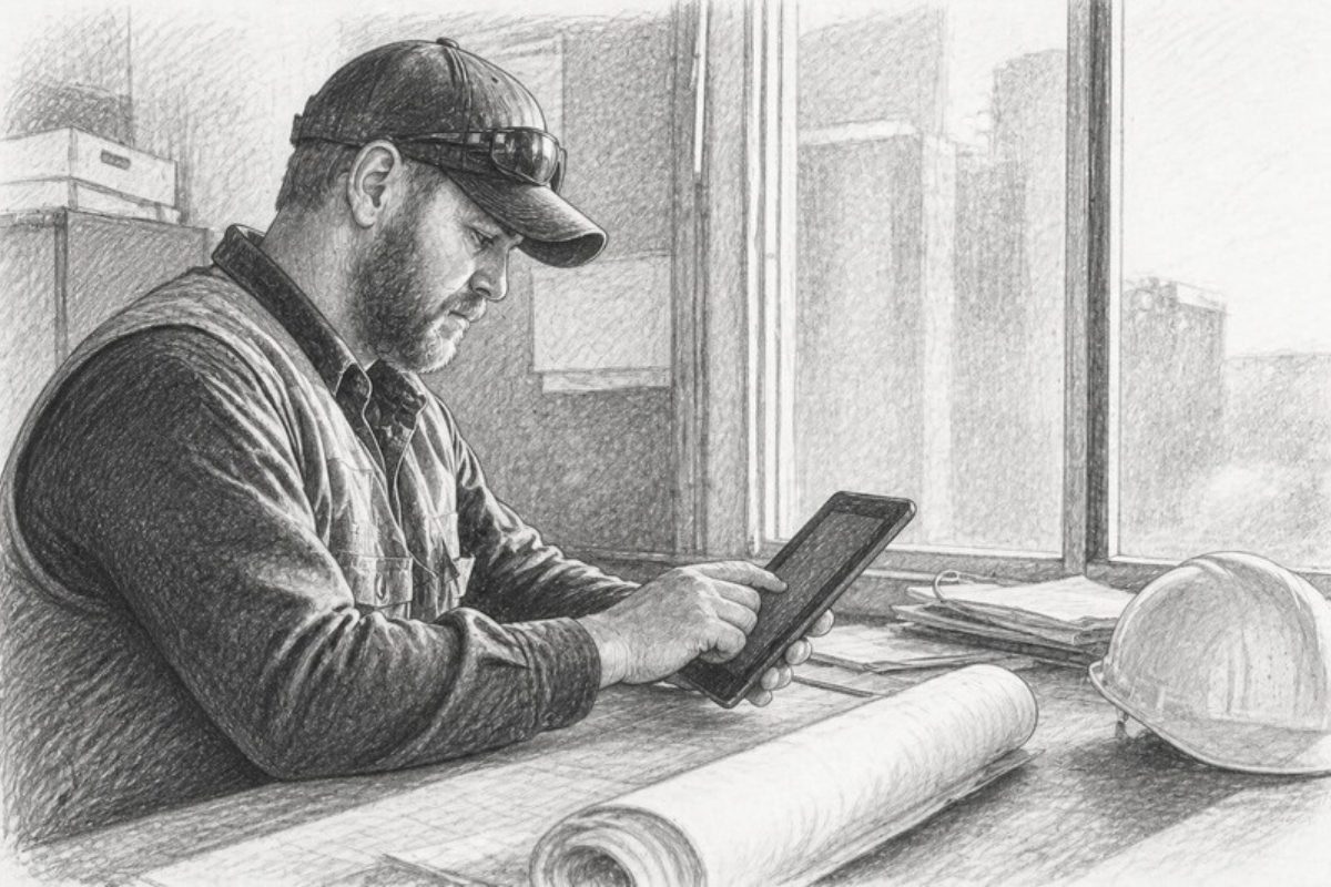 Sketch of hands setting up CRM software at construction site desk