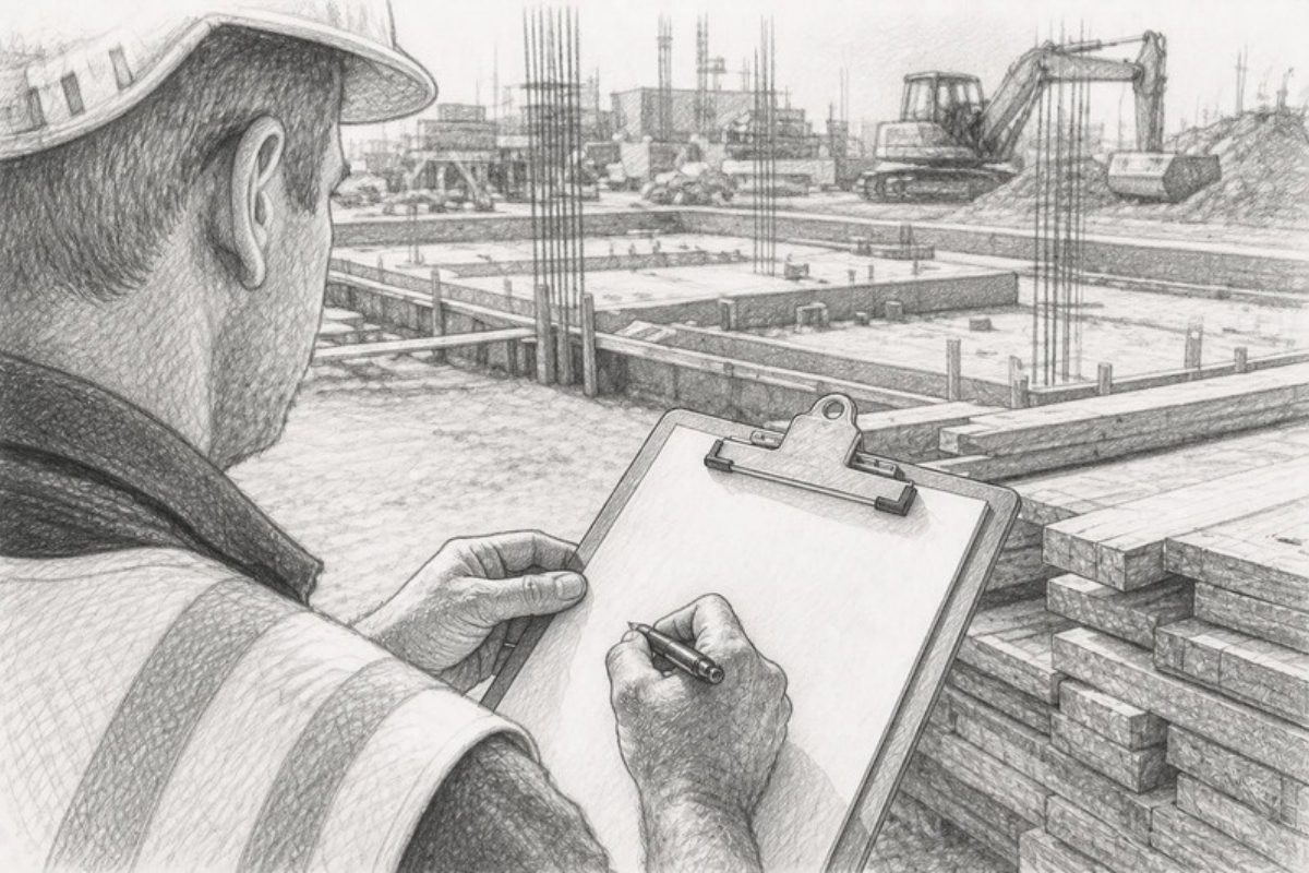 Sketch of hands filling subcontractor prequalification checklist