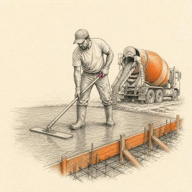 Pencil sketch of concrete finishers pouring and screeding a slab