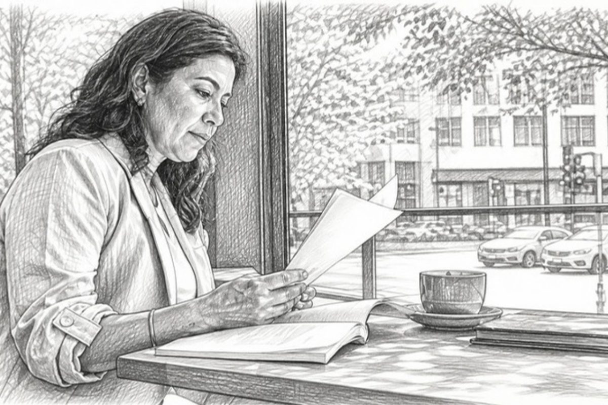 Sketch of hiring manager reviewing AEC staffing options report