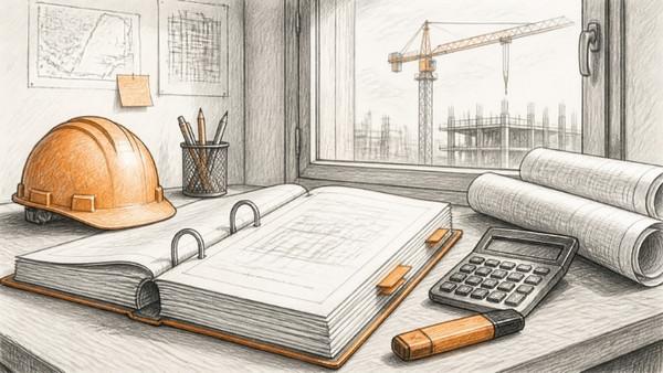 Pencil sketch of a jobsite office desk with an open bid package, hard hat, highlighter, calculator and rolled drawings, with a crane visible through the window