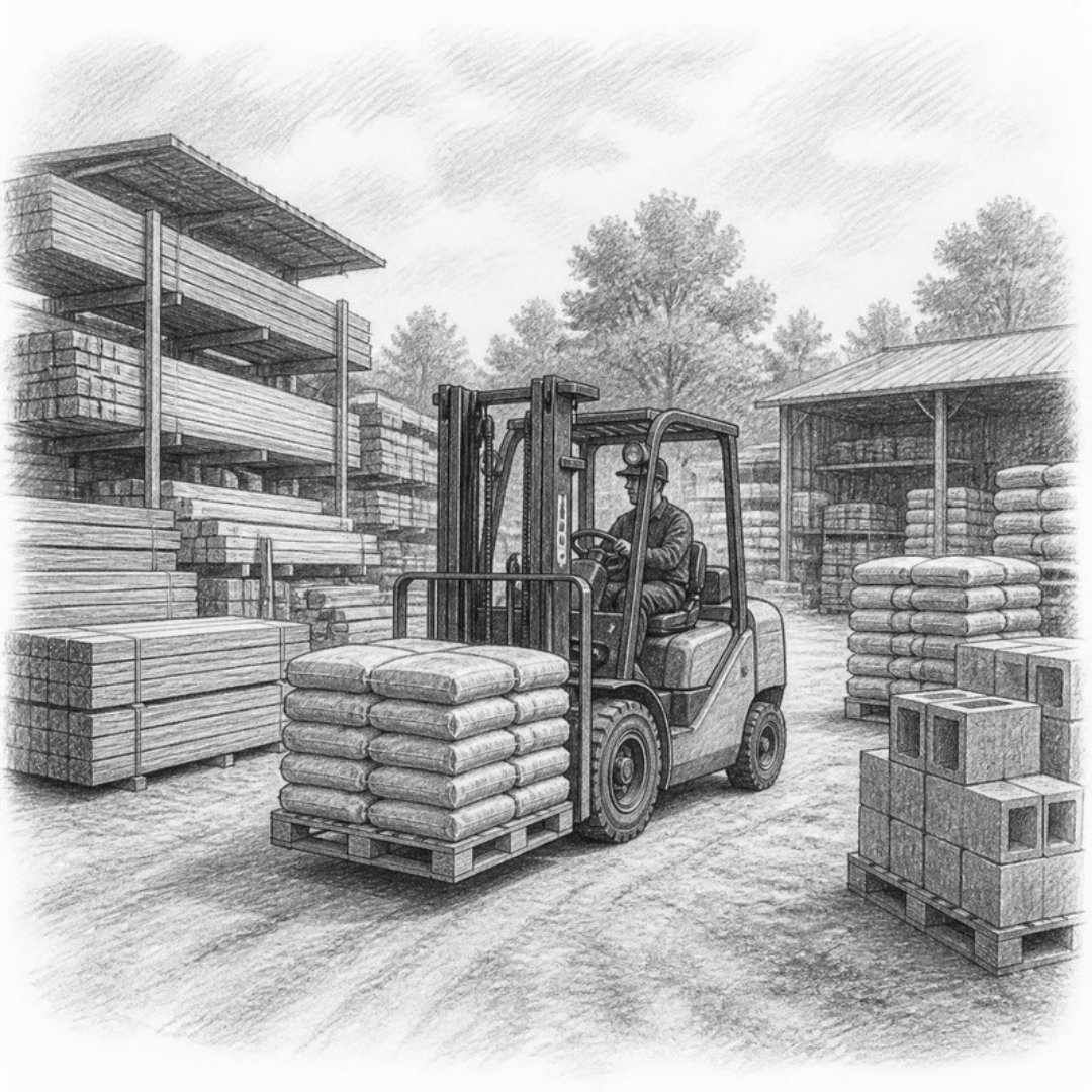 Sketch of a material supplier yard with a forklift moving pallets