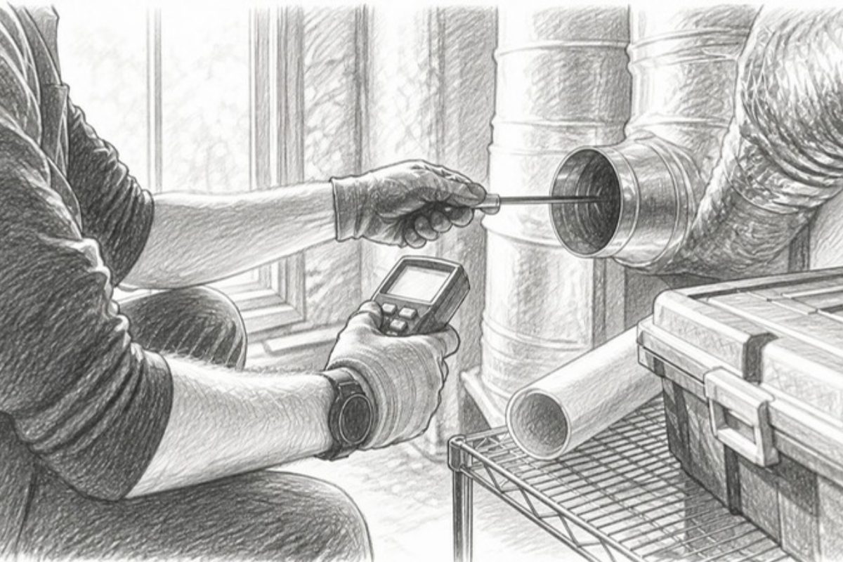 Sketch of technician measuring airflow in duct