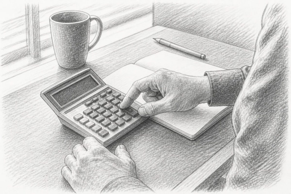 Sketch of hands calculating recruiter fees on calculator