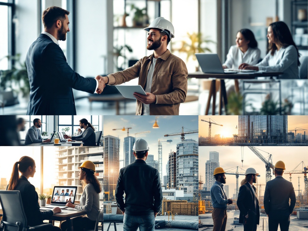 A dynamic photo showcasing diverse networking scenarios in the construction industry, including in-person meetings with professionals shaking hands, virtual video conferencing on laptops, and collaborative teamwork in both office and construction site settings, highlighting connectivity and professionalism.