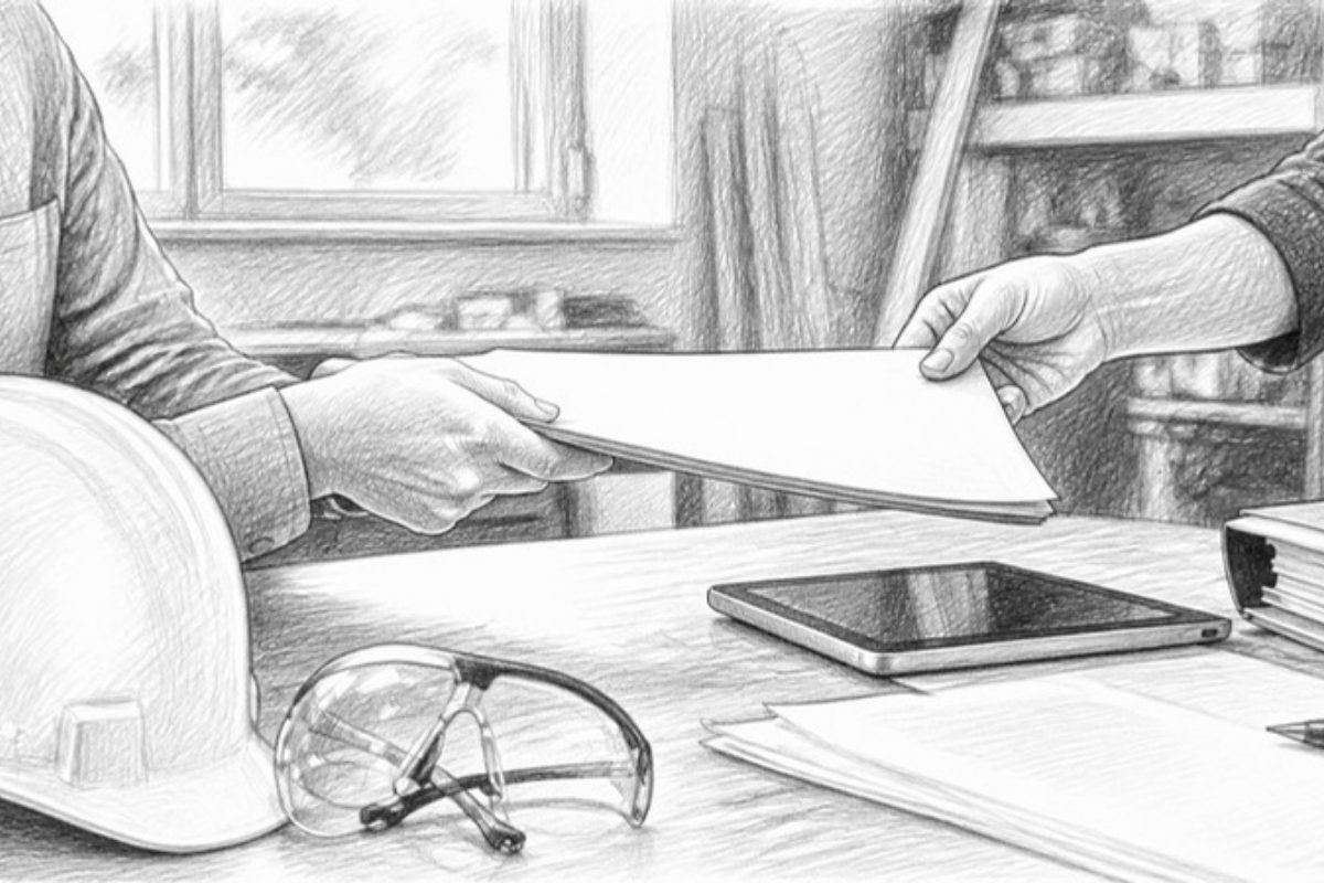 Sketch of hands exchanging introduction documents at construction site office