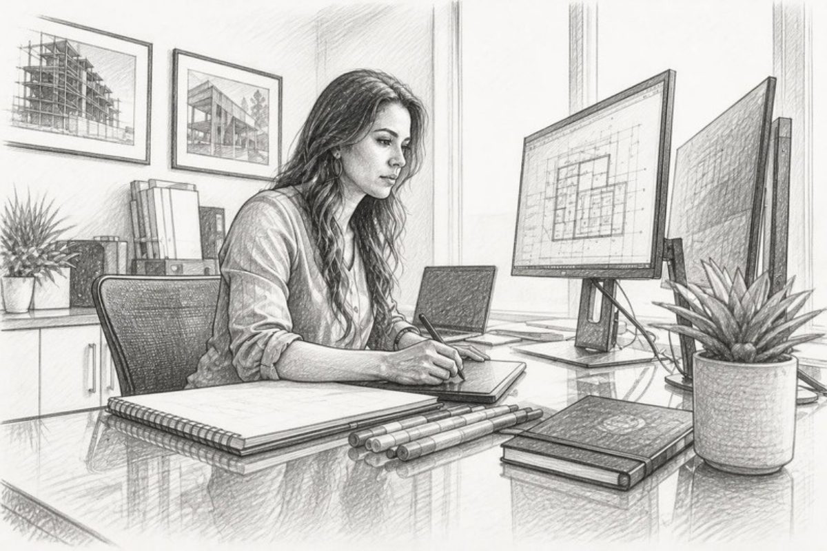 Sketch of estimator working on automated takeoff software at desk
