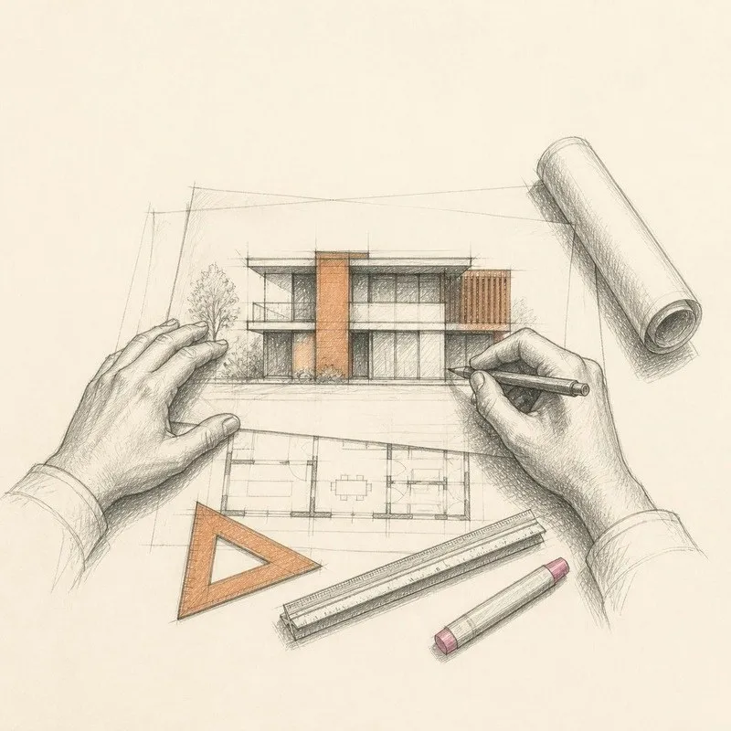 Pencil sketch of an architect's hands drawing a building elevation over a floor plan