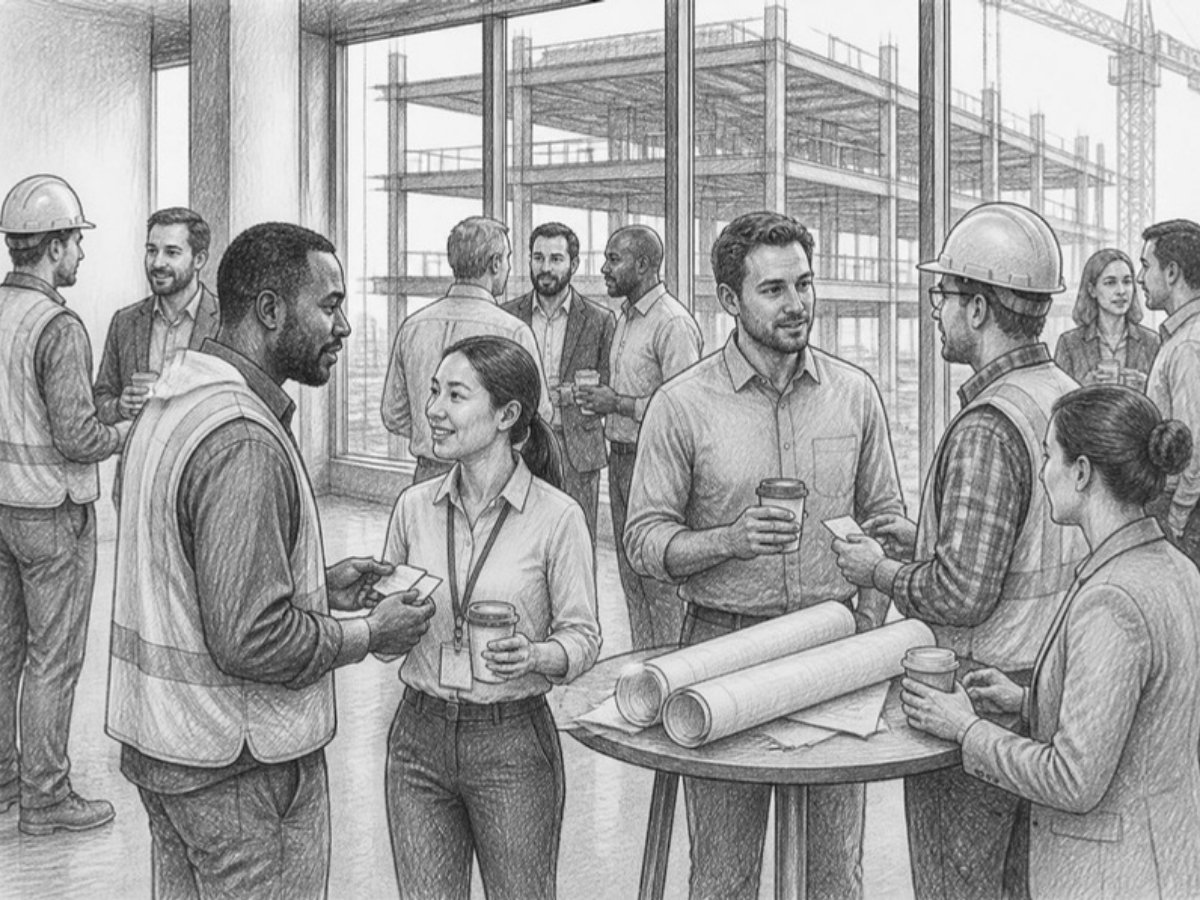 Sketch of contractors, suppliers and project managers networking at a construction industry event
