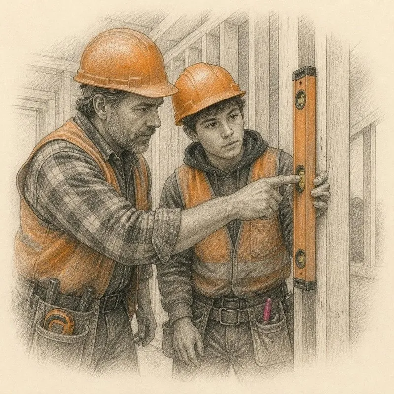 Pencil sketch of a foreman mentoring an apprentice with a level