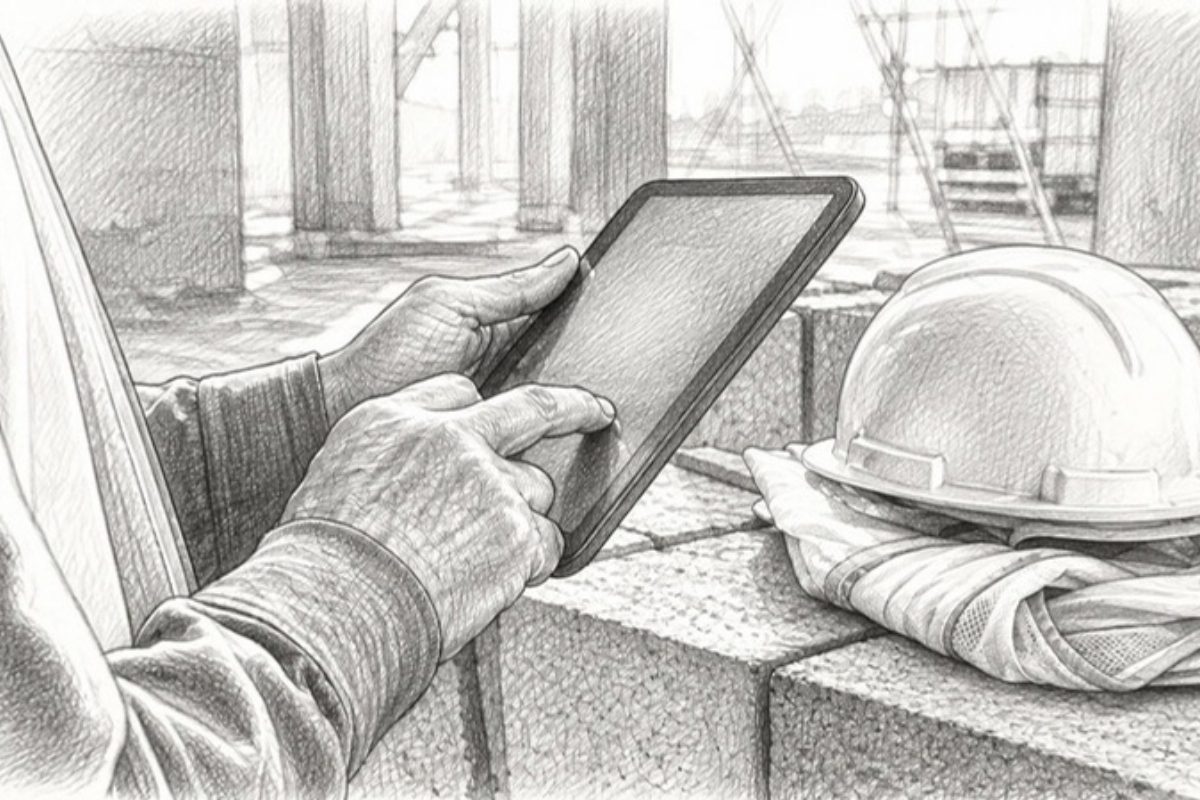 Sketch of worker with tablet at construction site