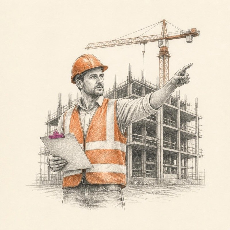 Pencil sketch of a construction manager directing work at a concrete frame with a tower crane