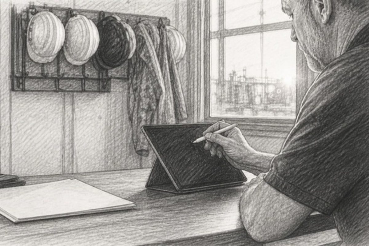 Sketch of contractor updating estimate on tablet