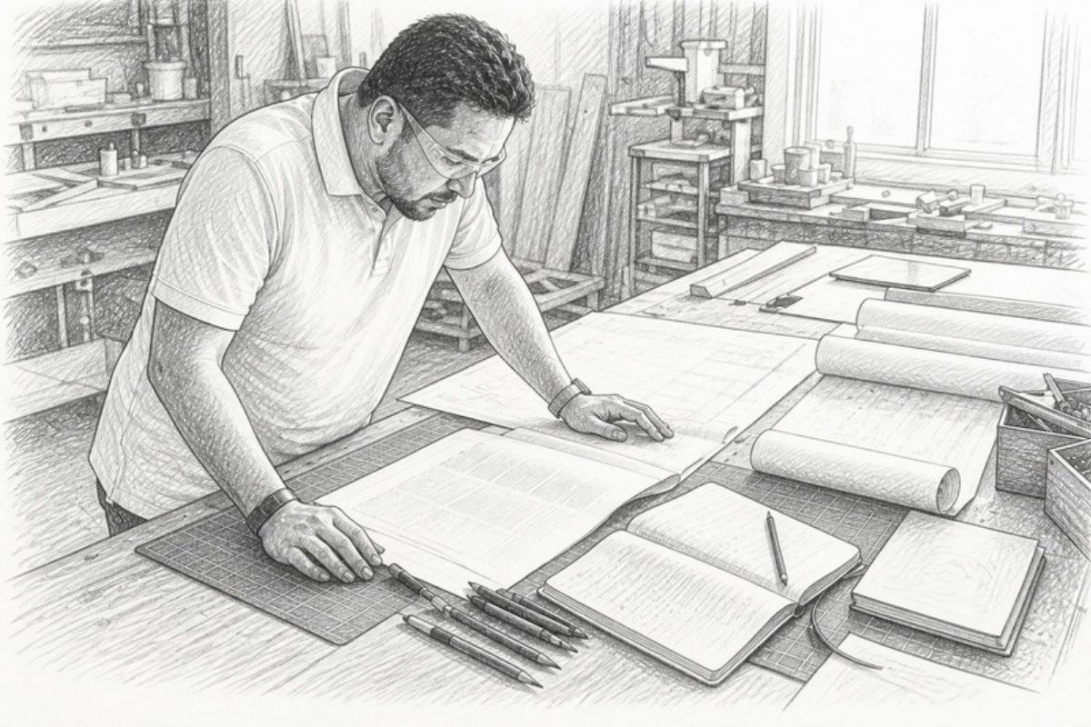 Sketch of estimator reviewing printed building codes at desk