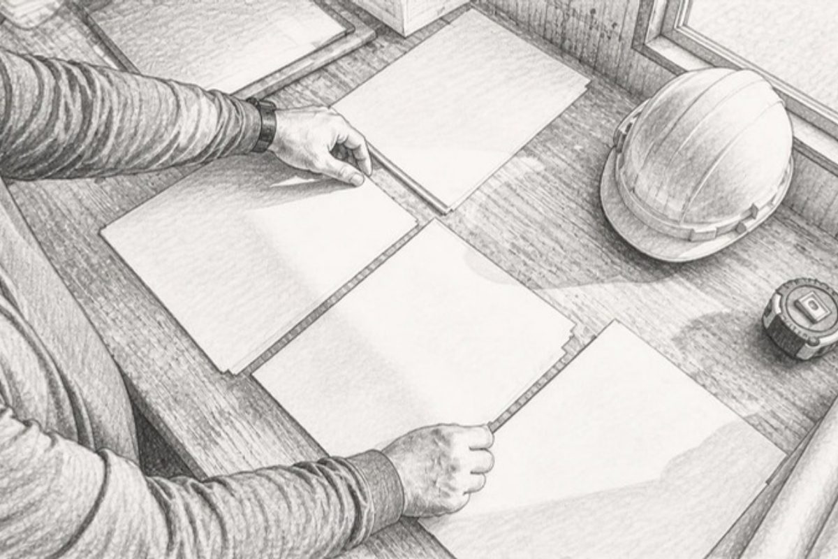 Sketch of contractor hands arranging utilization plan documents