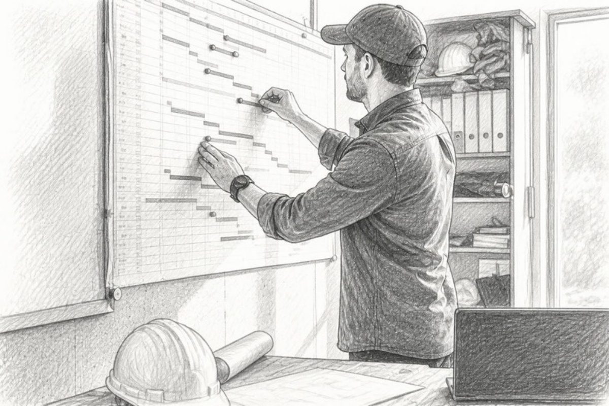 Sketch of scheduler adjusting construction schedule chart on site