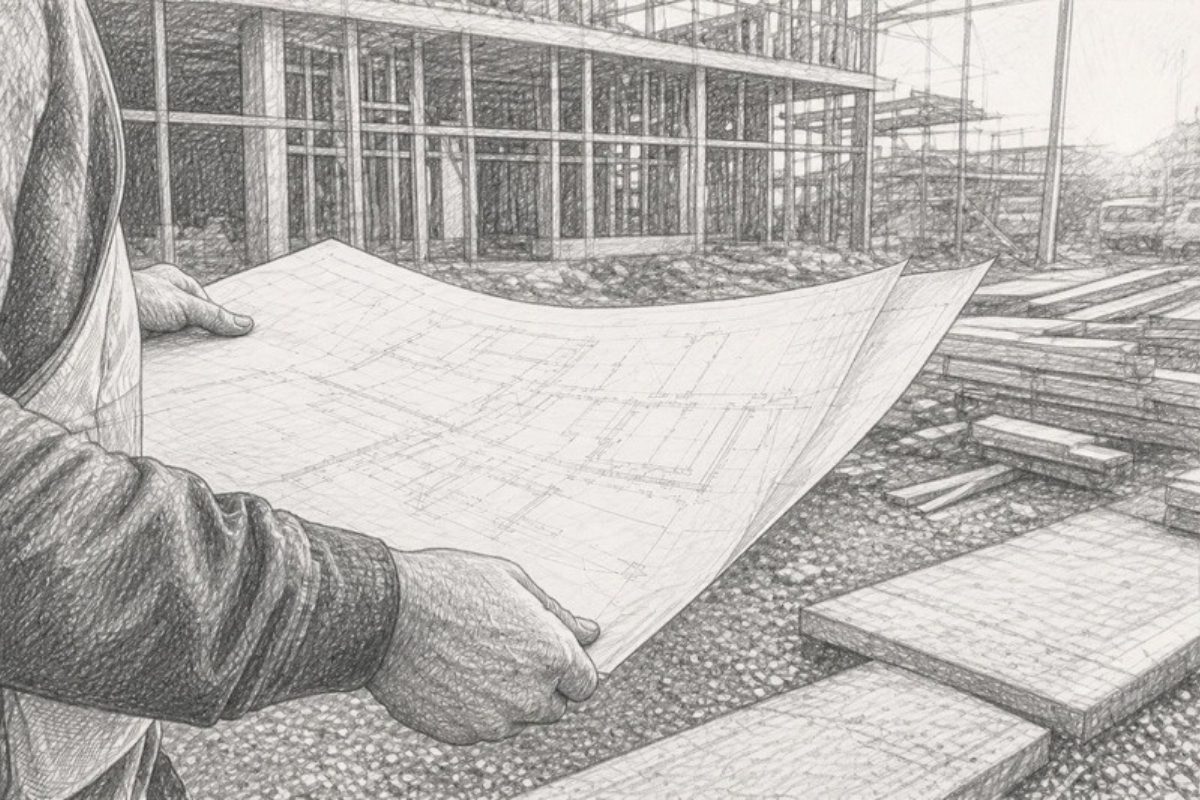 Sketch of contractor holding blueprint at construction site