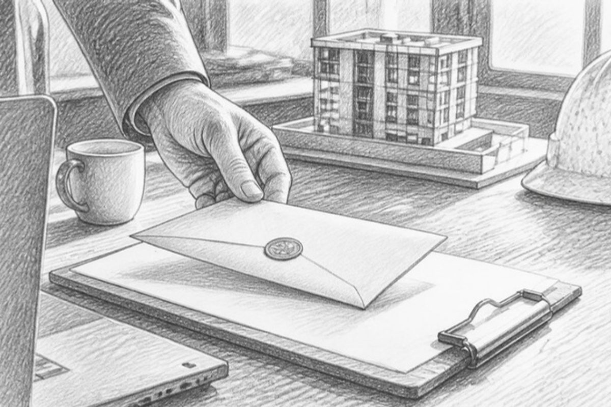 Sketch of hand submitting sealed construction bid envelope