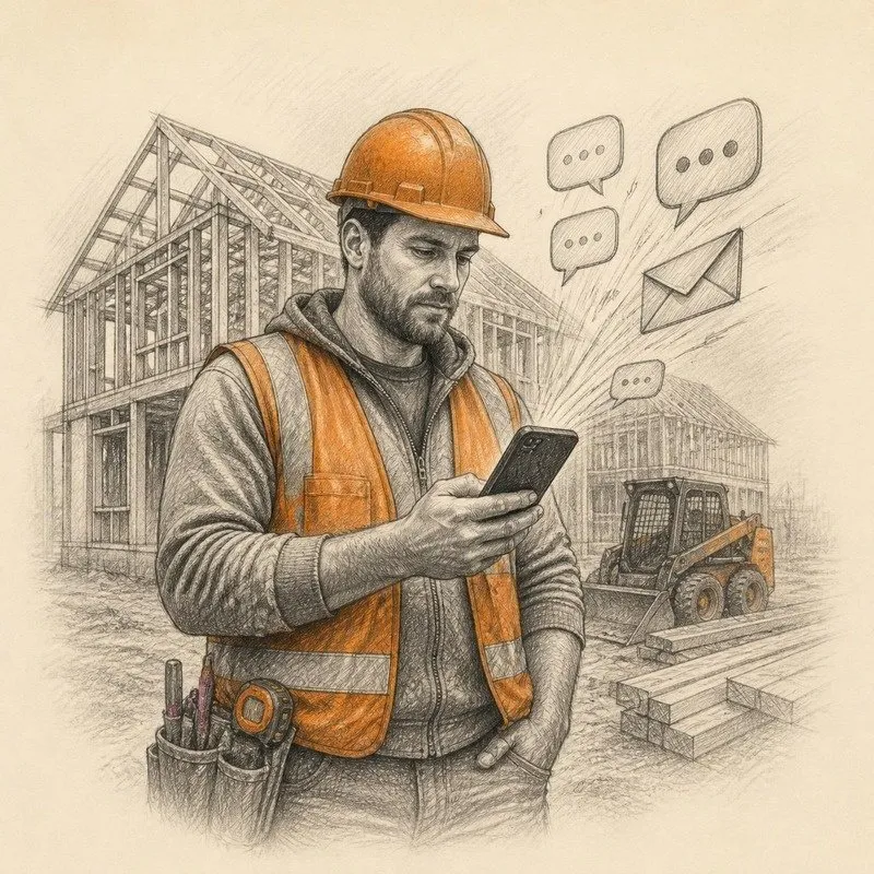Pencil sketch of a contractor sending text and email follow-ups from a job site