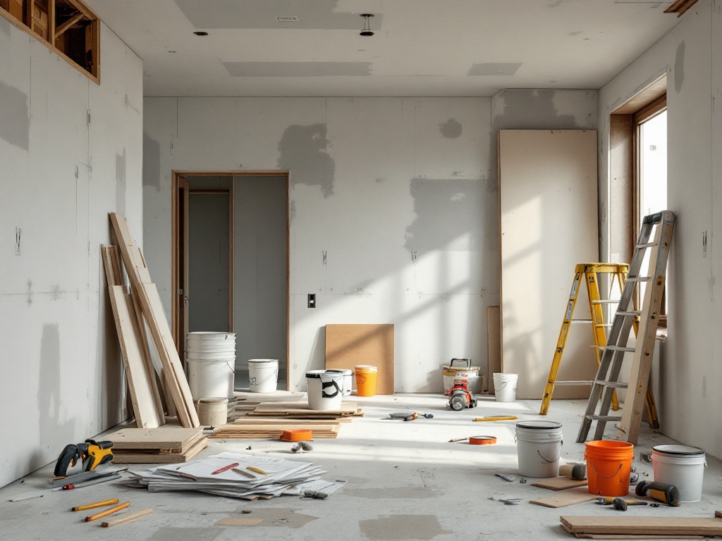 Construction space in progress with visible materials like drywall, wooden planks, paint buckets, and tools, showcasing the renovation expertise of R.CS Contractors of Illinois.
