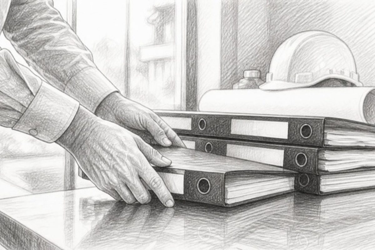 Sketch of hands organizing contract compliance folders