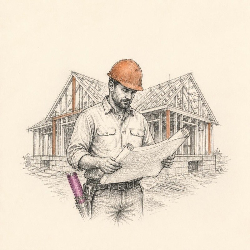 Pencil sketch of a general contractor reviewing plans at a home under construction
