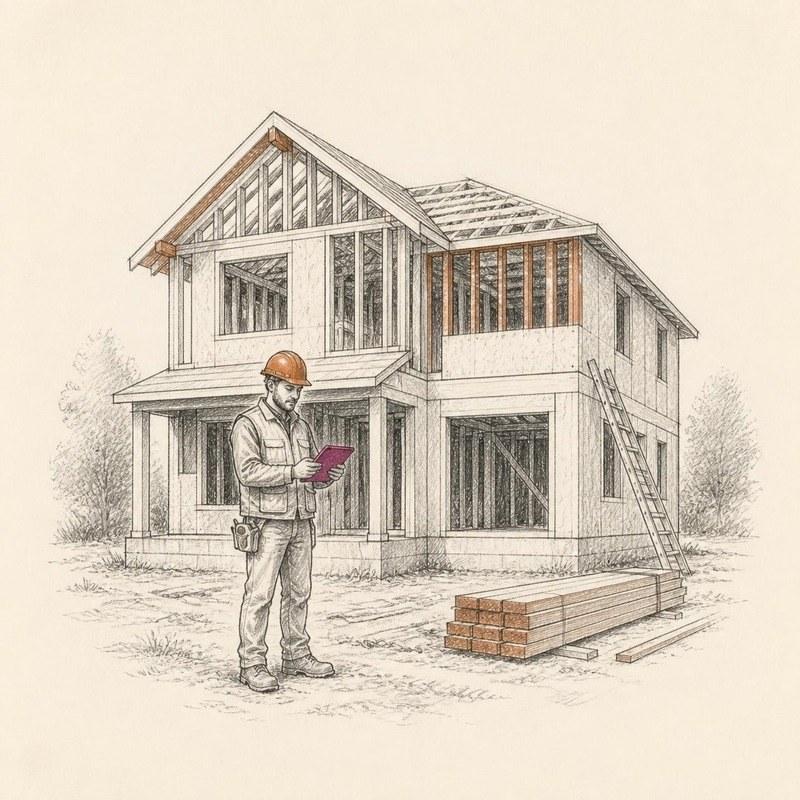 Pencil sketch of a new two-story home under construction with framing crew