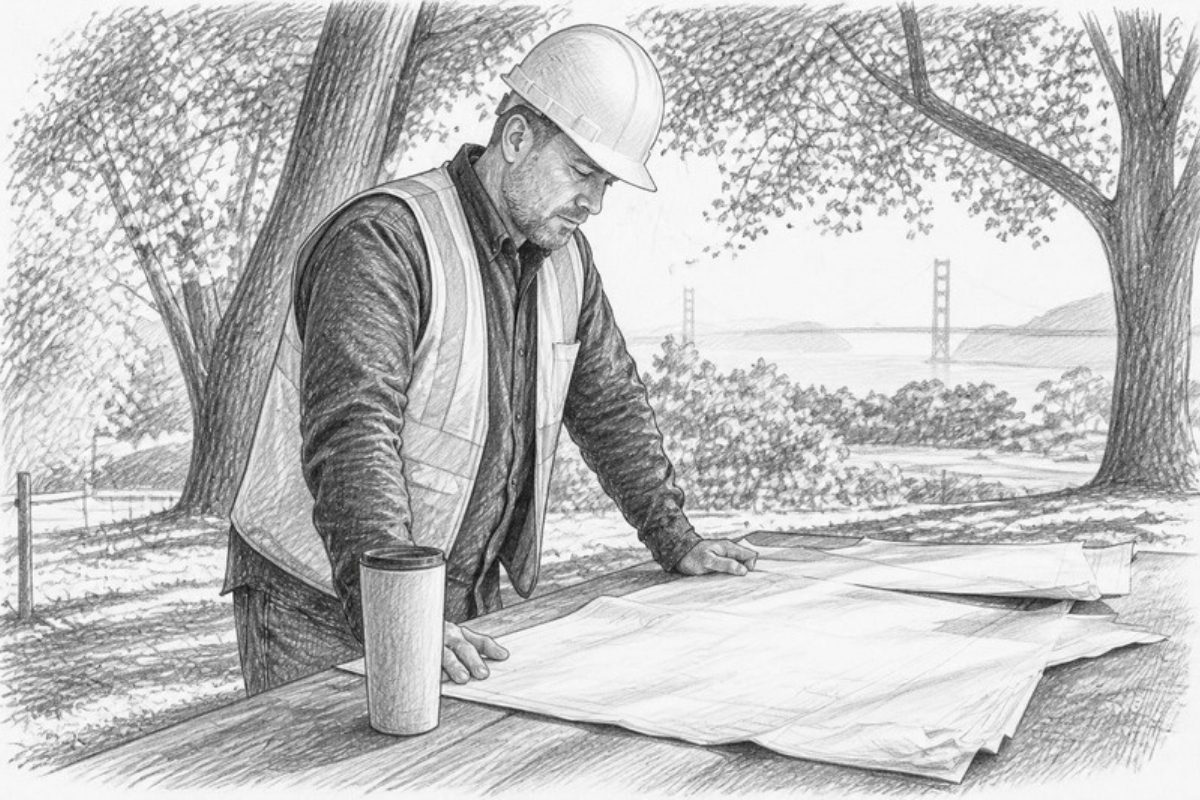Sketch of construction manager reviewing blueprints onsite