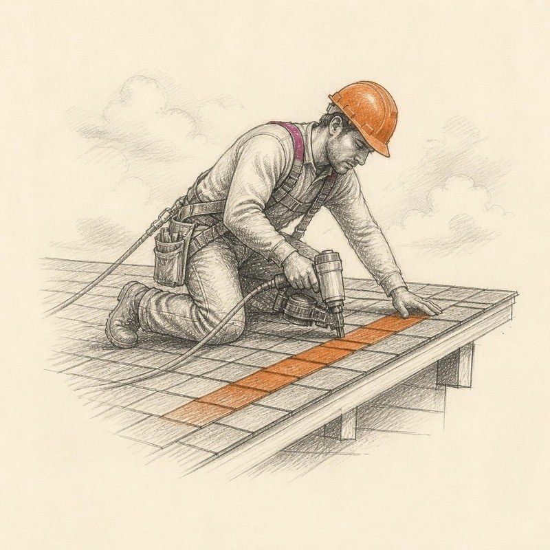 Pencil sketch of a roofer installing shingles on a pitched roof