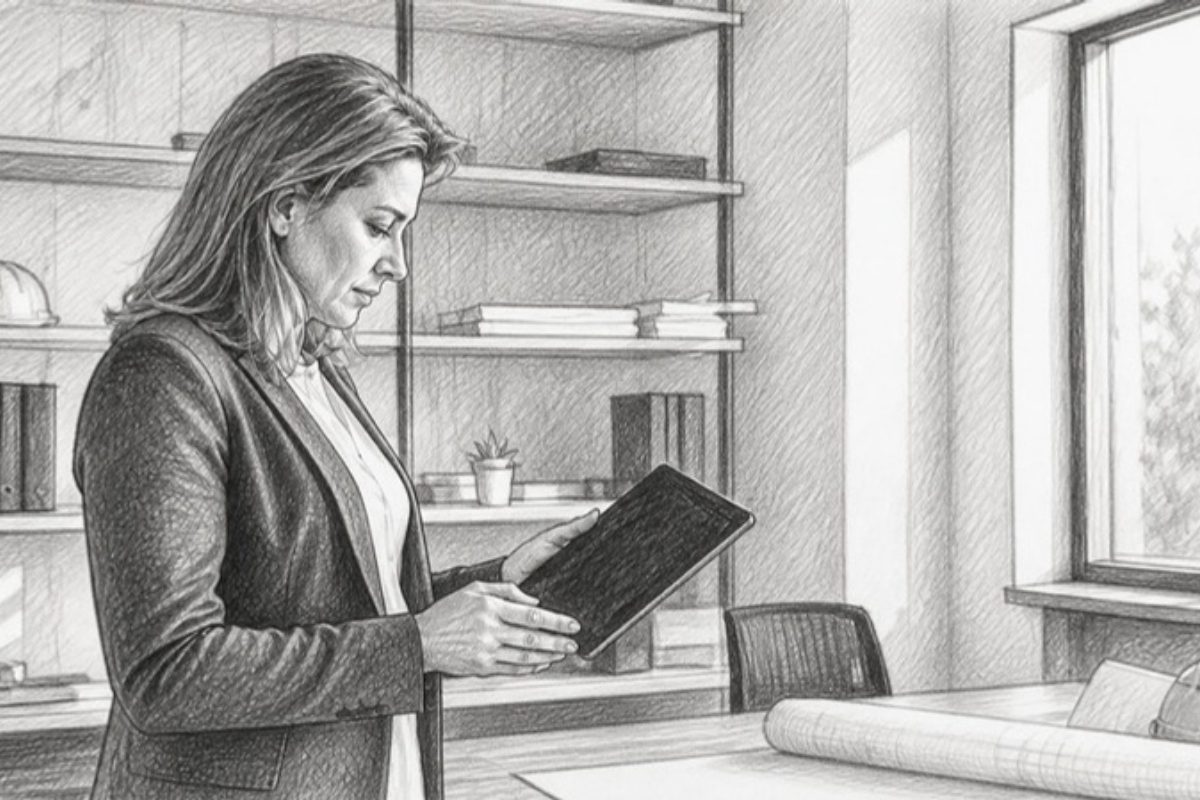 Sketch of consultant reviewing government contract at desk