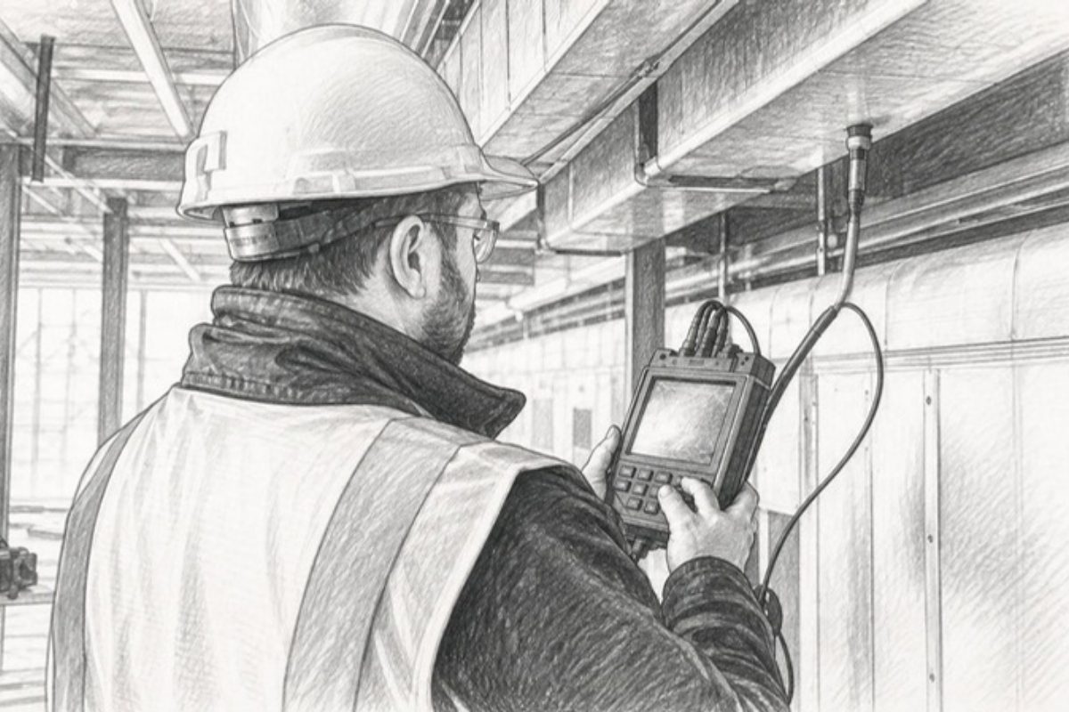 Sketch of hands commissioning HVAC system on construction site