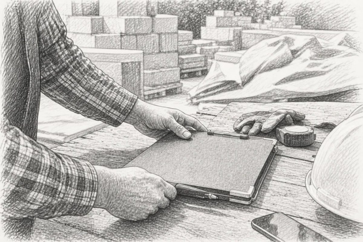 Sketch of hands holding clipboard near construction site