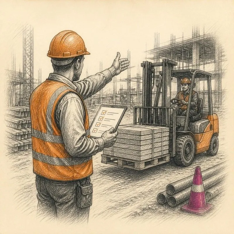 Pencil sketch of a coordinator directing a forklift delivery on a job site