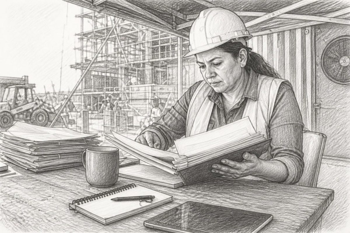 Sketch of project manager reviewing subcontractor vetting documents