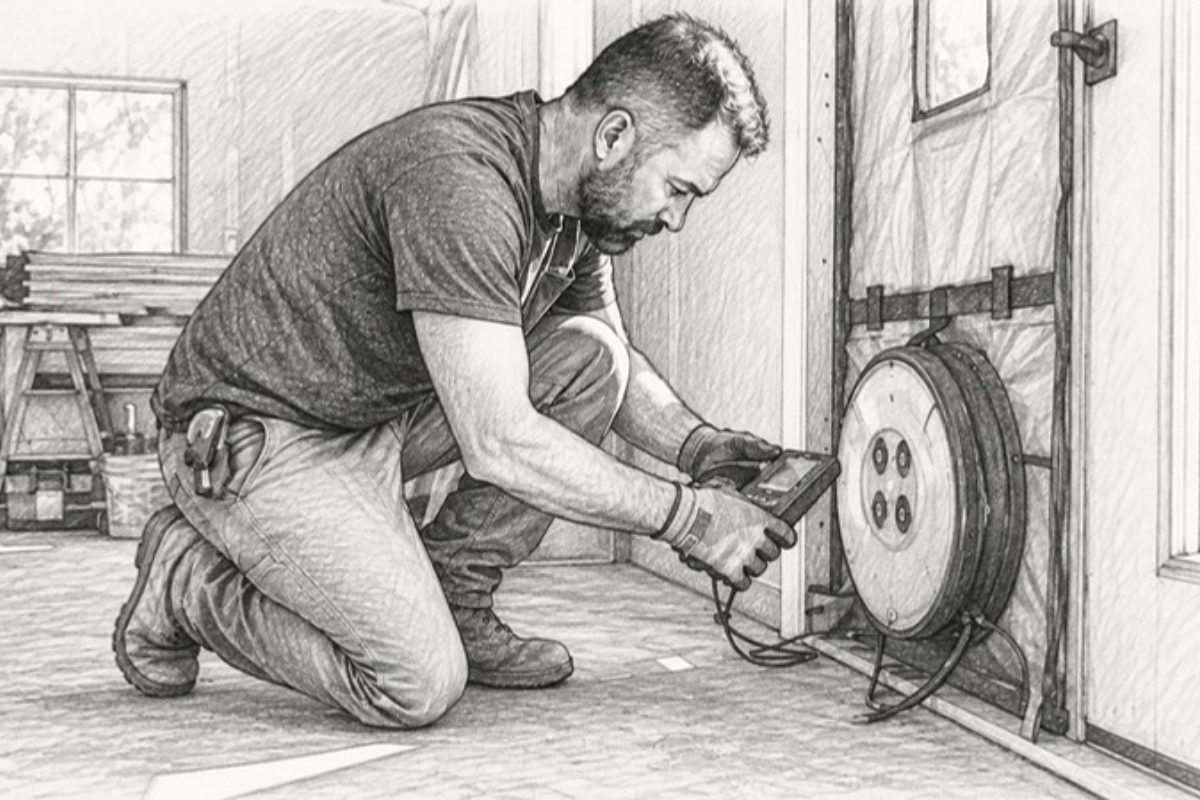 Sketch of hVAC technician adjusting blower door gauge