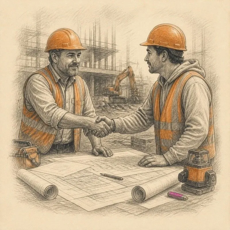 Pencil sketch of a general contractor and subcontractor shaking hands over plans