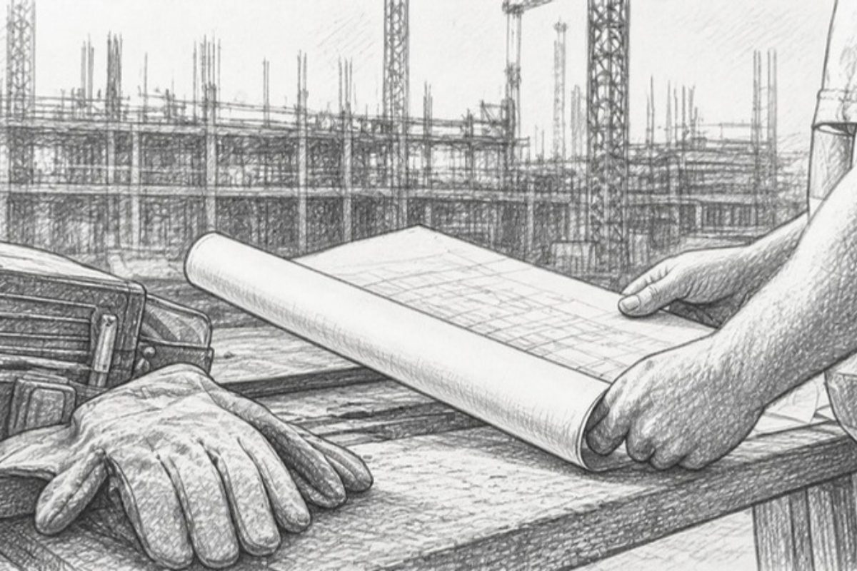 Sketch of construction project manager reviewing blueprints on site