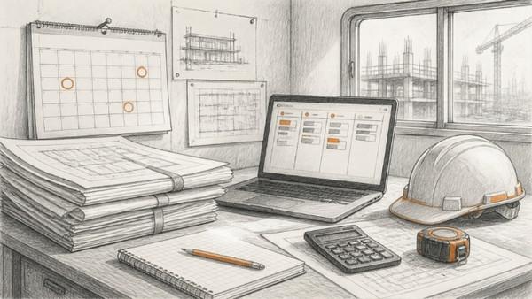 Pencil sketch of a subcontractor estimating desk in a job-site trailer with plan sets, a bid-date calendar and a laptop showing a pipeline board
