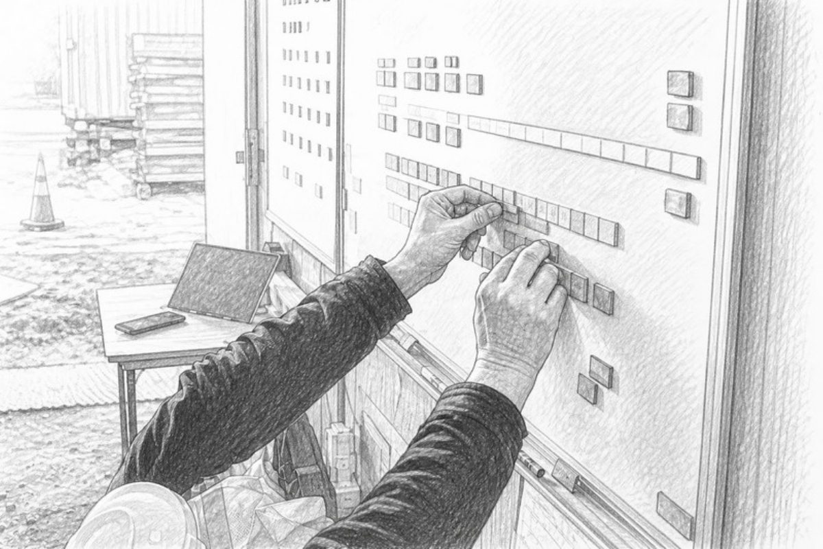 Sketch of worker hands setting up project code board