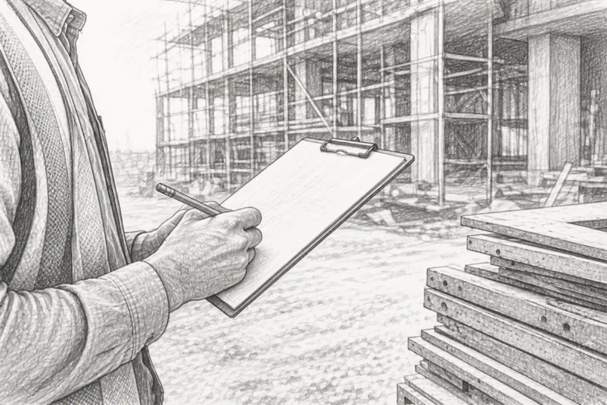 Sketch of superintendent marking construction plans on site