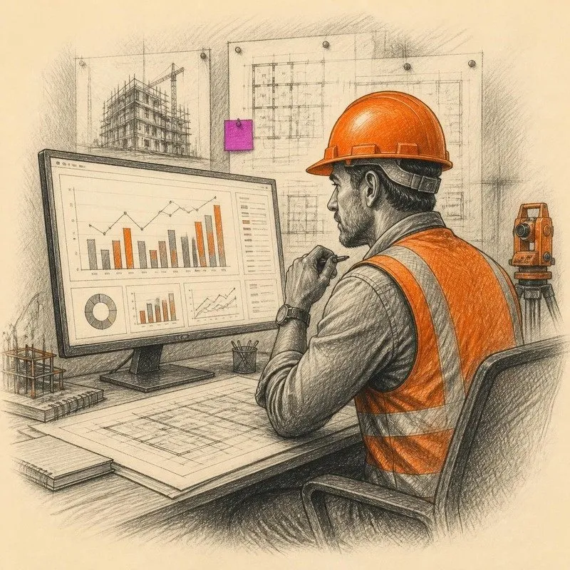 Pencil sketch of a project manager reviewing a reporting dashboard