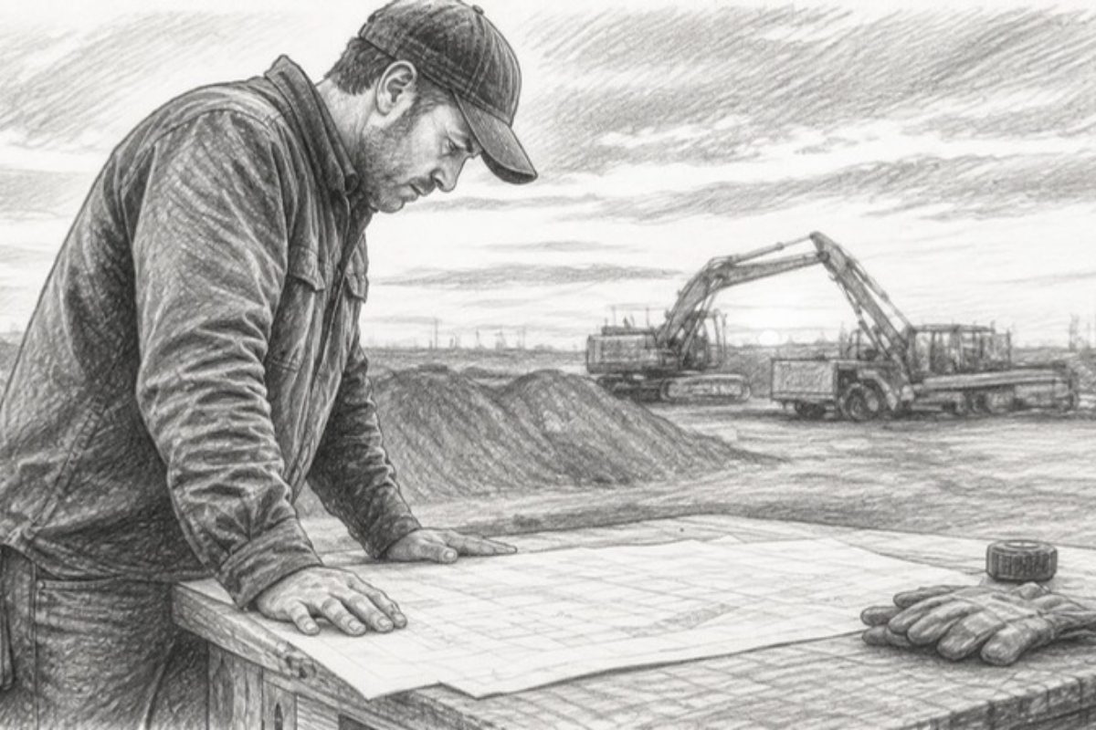 Sketch of contractor examining blueprint at construction site