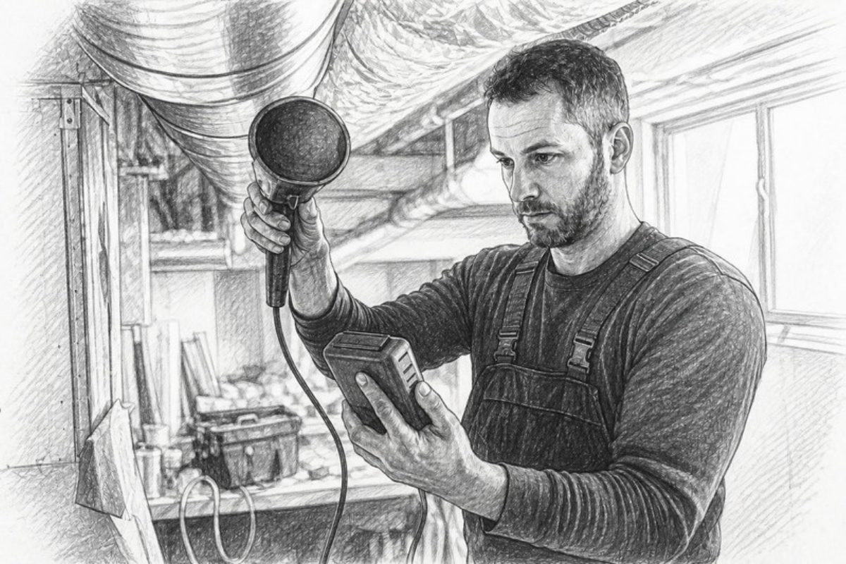 Sketch of contractor measuring airflow in HVAC duct