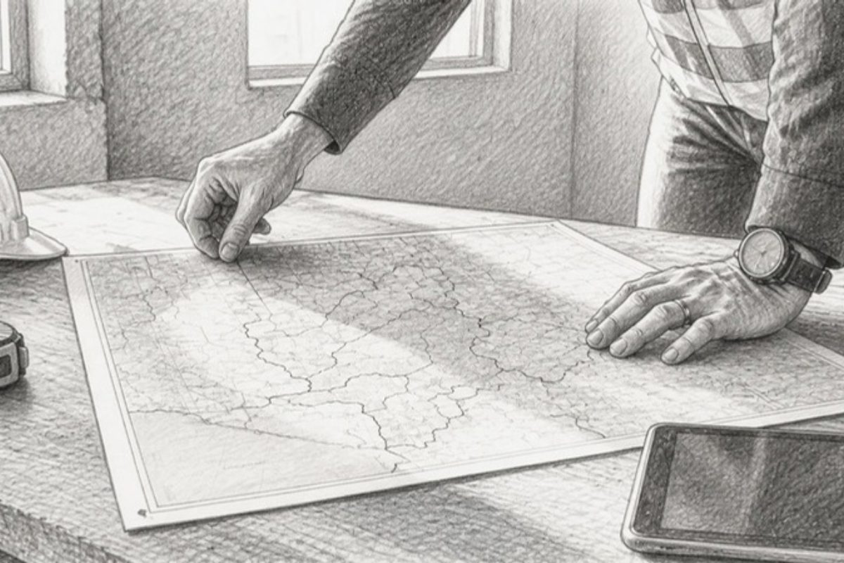 Sketch of hands pinning construction service area map