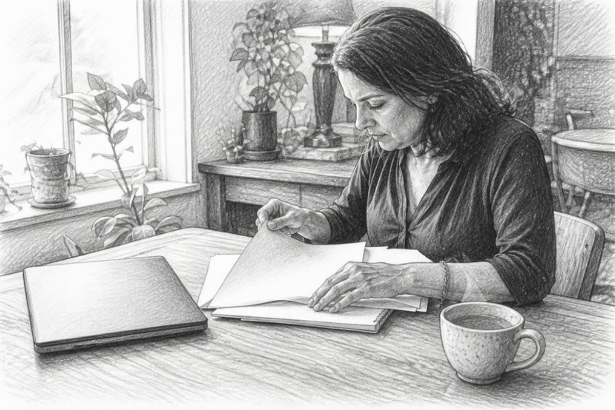 Sketch of hands organizing renewal documents on table