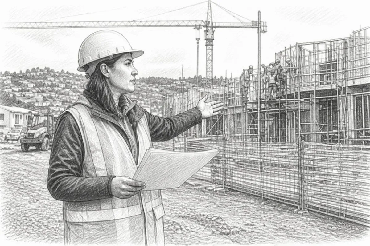Sketch of project manager reviewing checklist at construction site