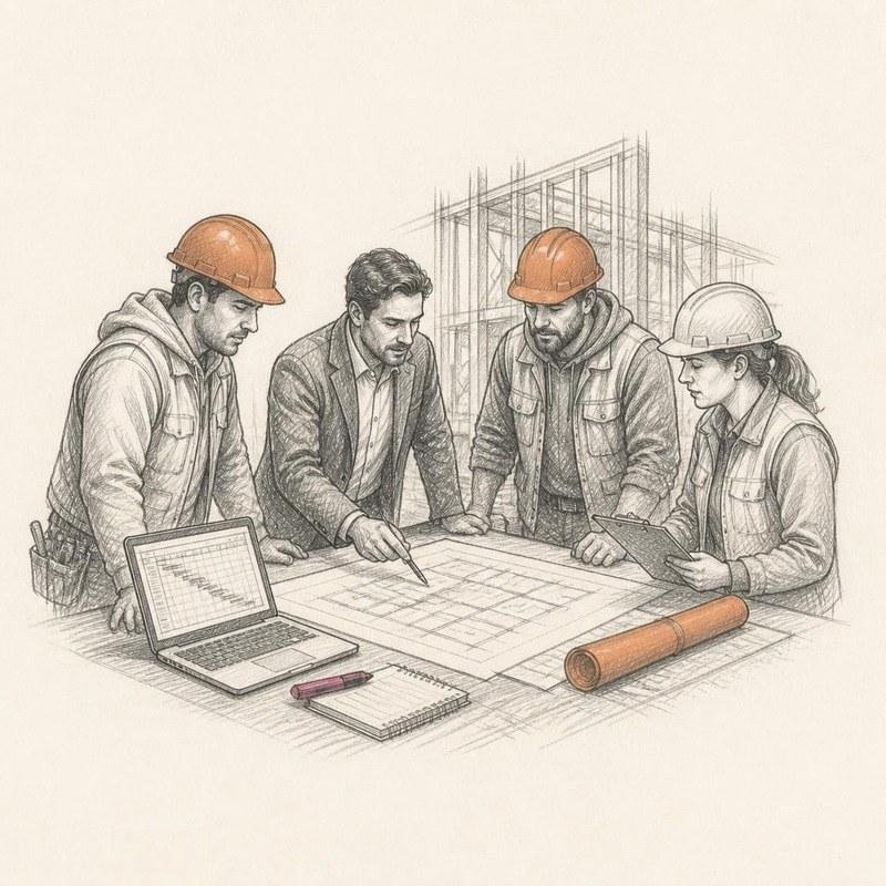 Pencil sketch of a construction consultant reviewing plans with a contractor team